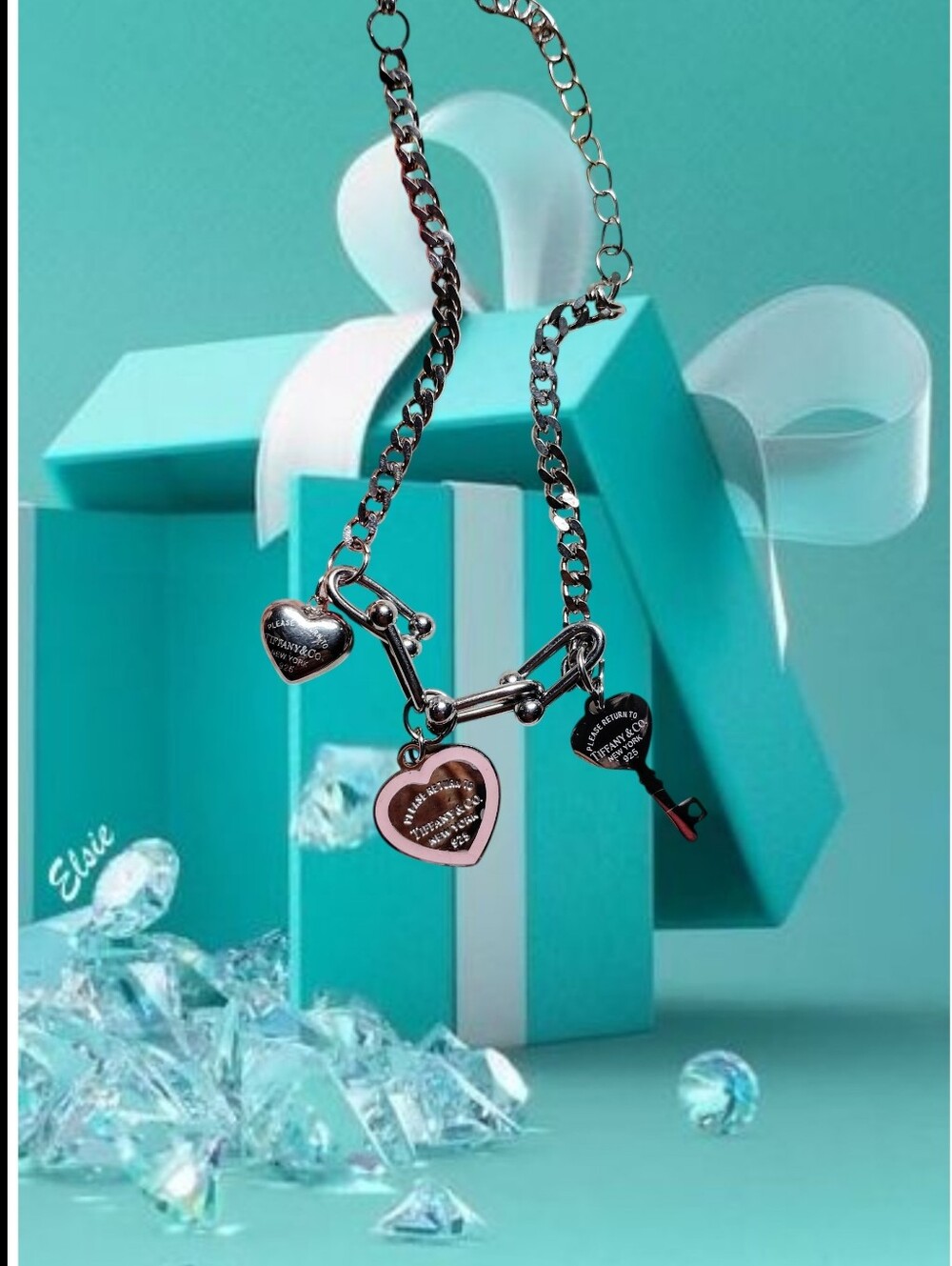 🗝️T•BEAUTIFUL Silver  Pink Heart And Key Bracelet🩷